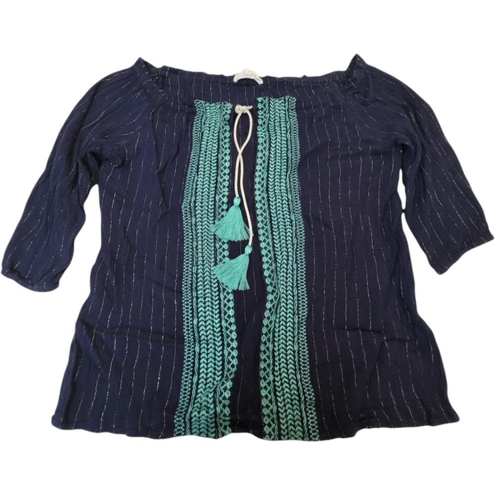 THML Womens Navy Blue Boho Embroidered Off Shoulder Tassel Blouse FTM235 Medium